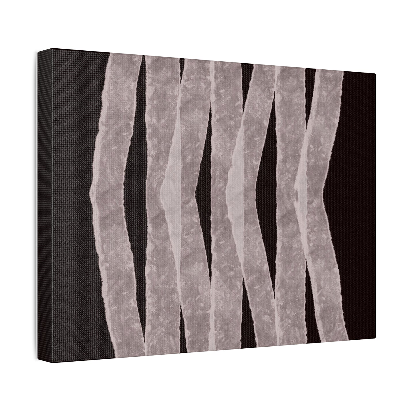 Vue latérale de la toile abstraite "Walking" tendue sur un châssis en bois de 3,81 cm d’épaisseur, montrant les détails de texture et les courbes taupe sur fond brun-noir. Impression Giclée sur toile 100 % coton.