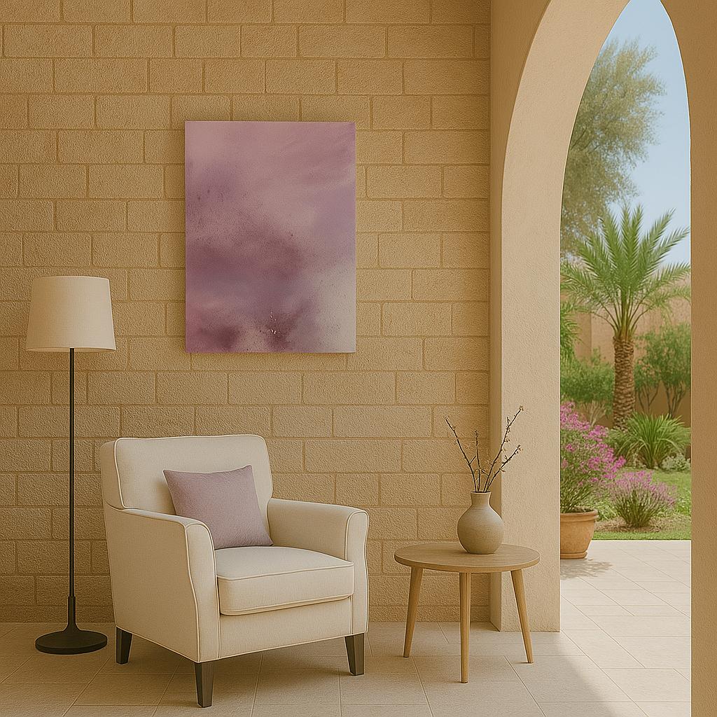Toile rose violet dans salon lumineux, ambiance méditerranéenne relaxante