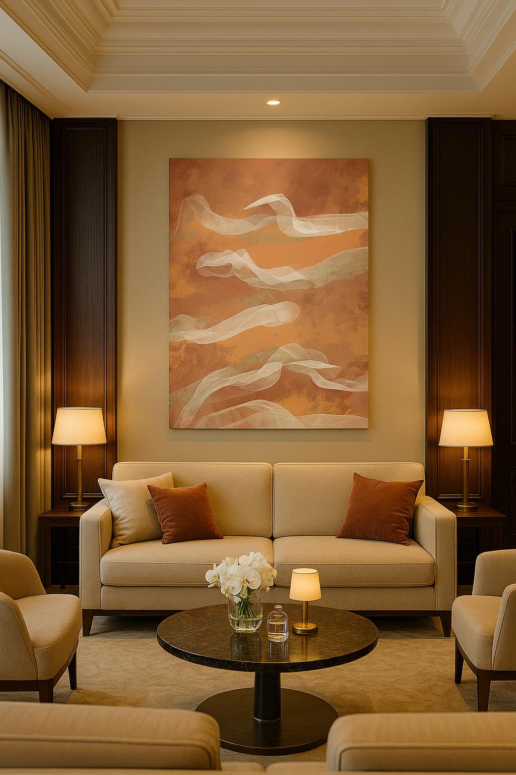 Art fluide abstrait dans salon luxueux, ambiance hôtel chic élégante