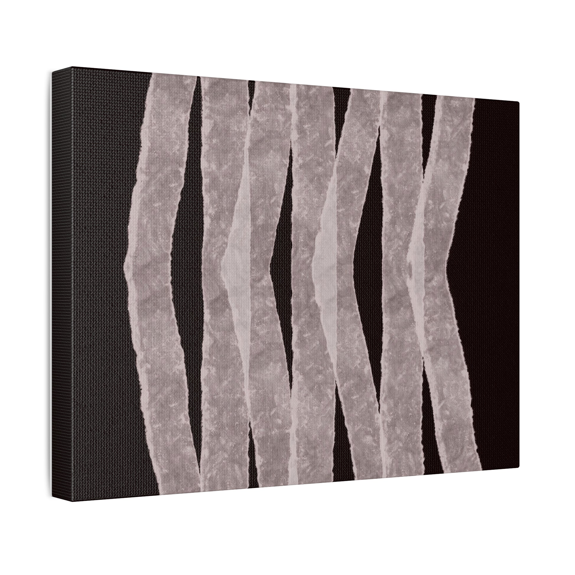 Vue latérale de la toile abstraite "Walking" tendue sur un châssis en bois de 3,81 cm d’épaisseur, montrant les détails de texture et les courbes taupe sur fond brun-noir. Impression Giclée sur toile 100 % coton.


