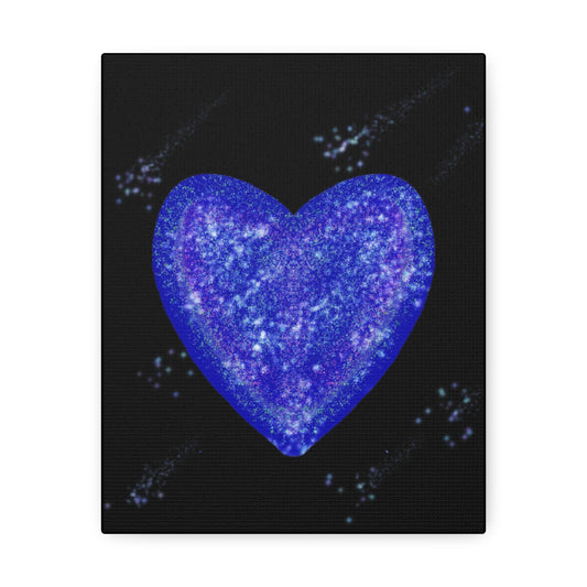 Petit Cœur Bleu – Toile Tendue Galaxie – Décoration Murale Unique et Poétique (20 x 25 cm)
