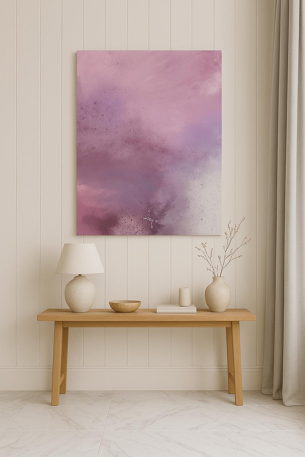 Art A day au-dessus console bois, décoration scandinave tons naturels

