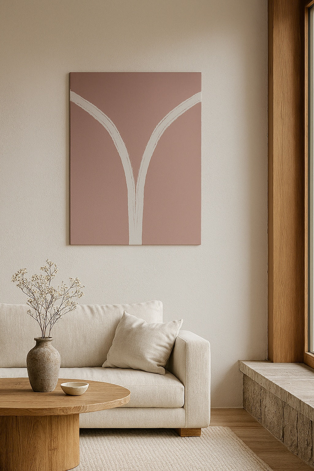 Le Chemin art abstrait beige dans salon moderne minimaliste

