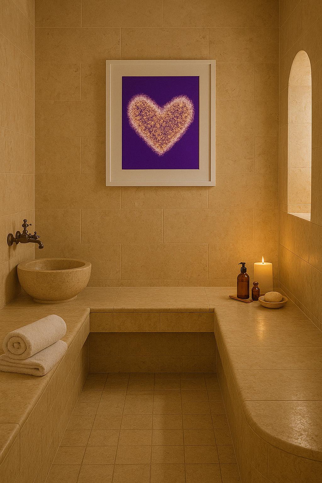 Cœur débordant dans salle bain zen, décoration relaxante apaisante
