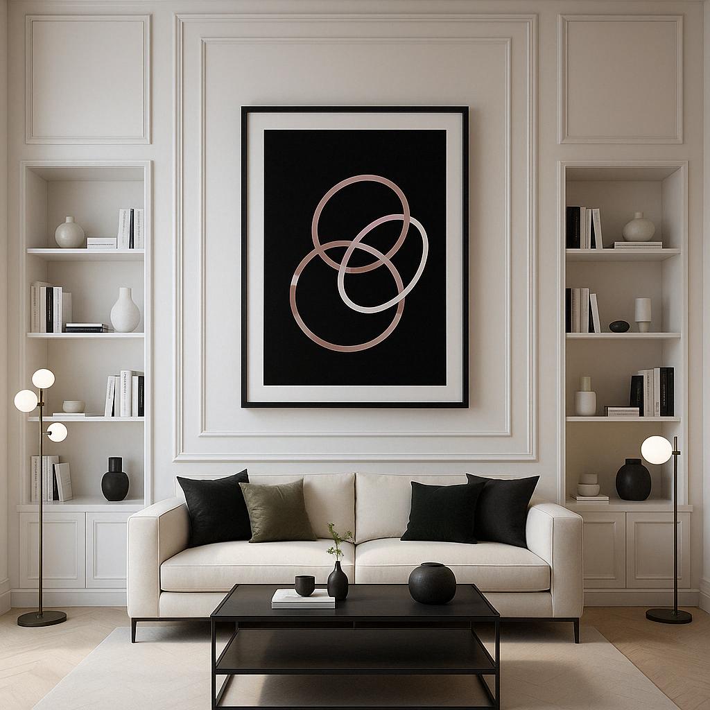 Tableau Entrelacements dans salon design, décoration murale minimaliste chic

