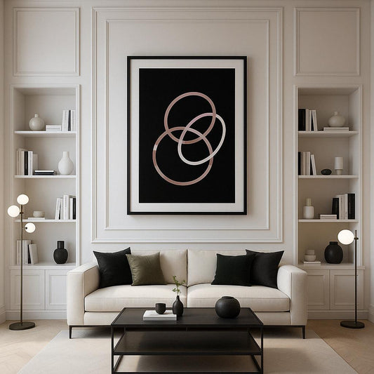 Tableau Entrelacements dans salon design, décoration murale minimaliste chic

