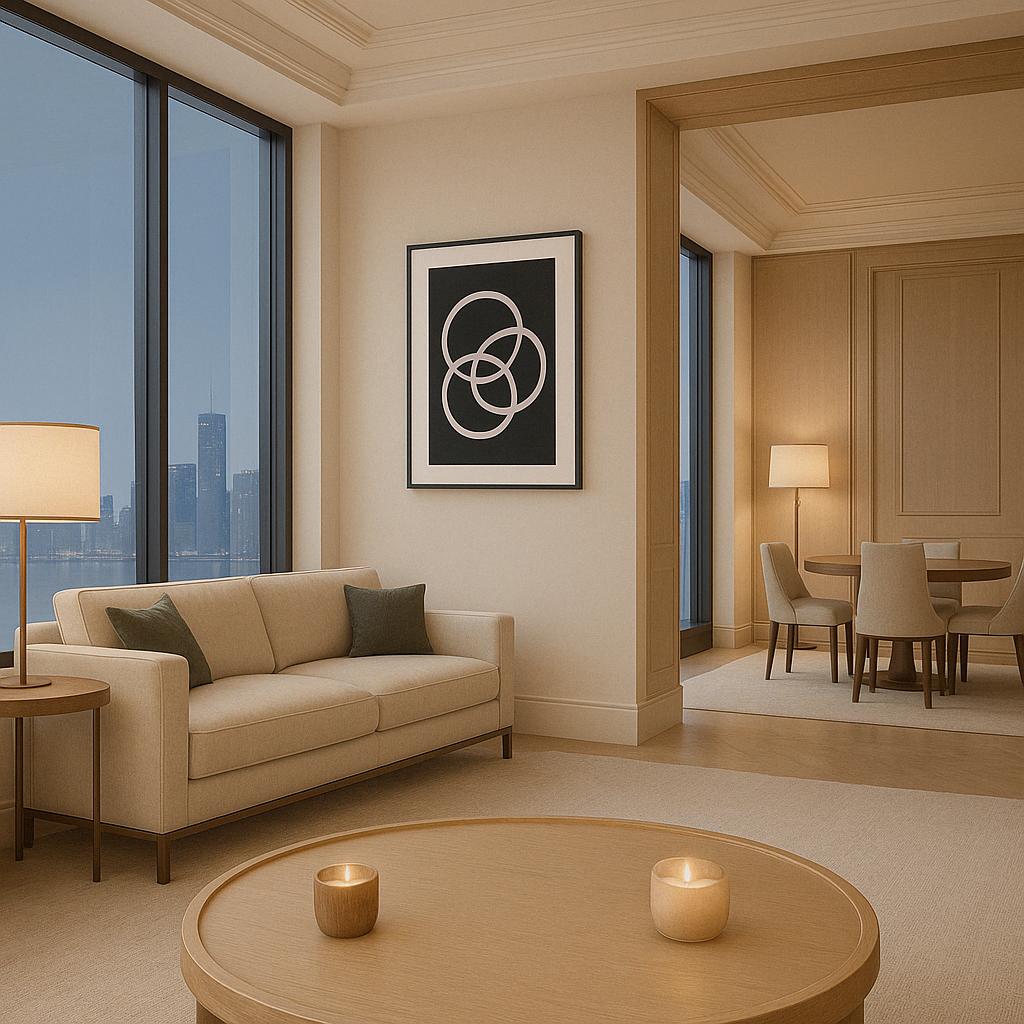 Tableau Entrelacements dans salon moderne, vue urbaine sophistiquée


