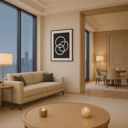 Tableau Entrelacements dans salon moderne, vue urbaine sophistiquée

