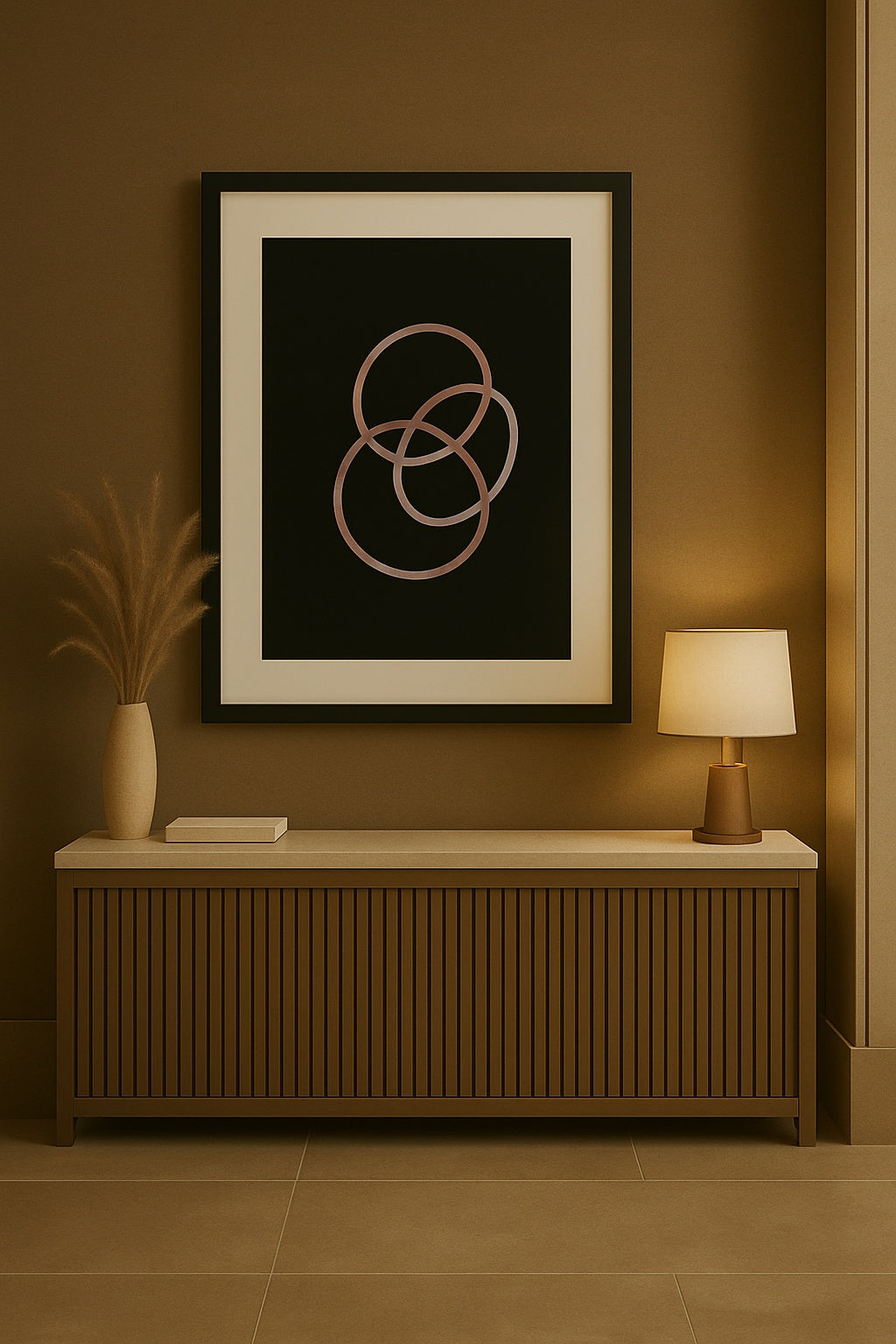 Art Entrelacements au-dessus console bois, ambiance moderne épurée

