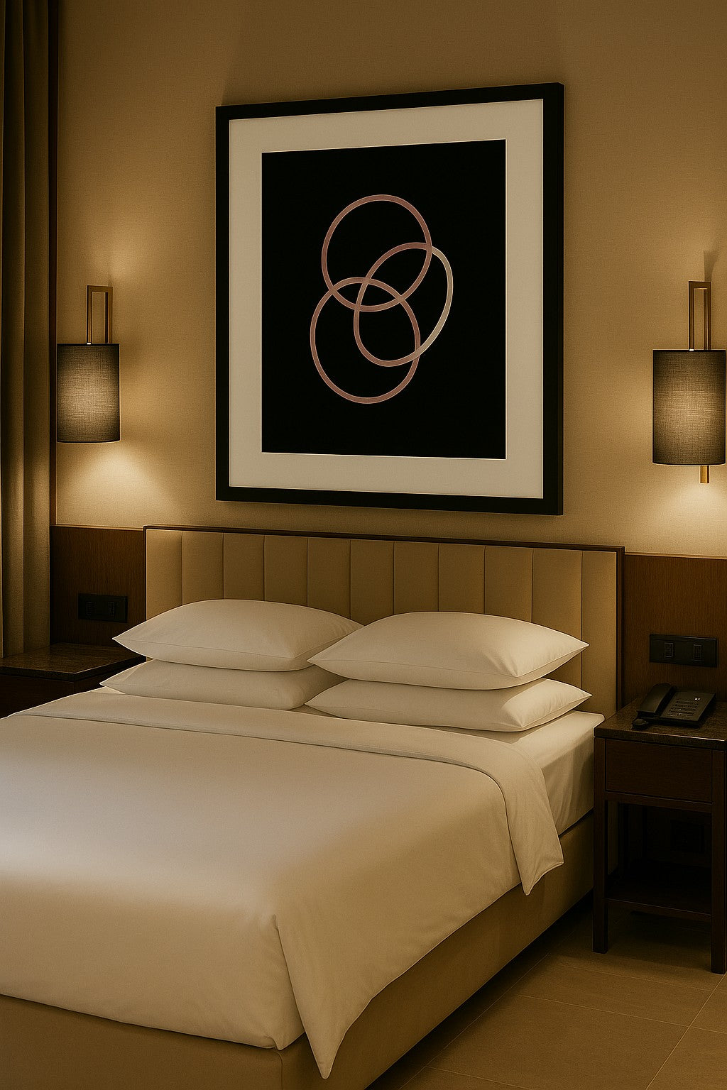 Art Entrelacements dans chambre hôtel, décoration minimaliste élégante

