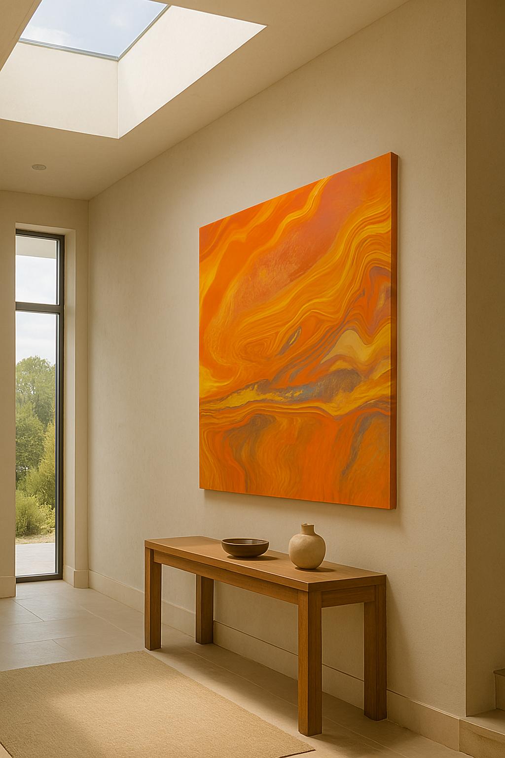 Toile Fire dans hall d'entrée moderne, art abstrait orange accueillant


