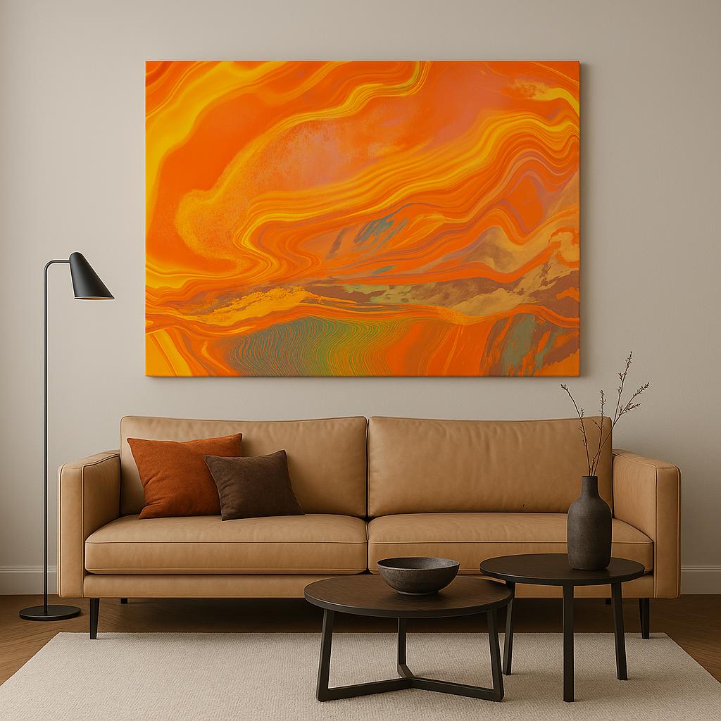 Art mural Fire dans salon contemporain, toile orange et jaune


