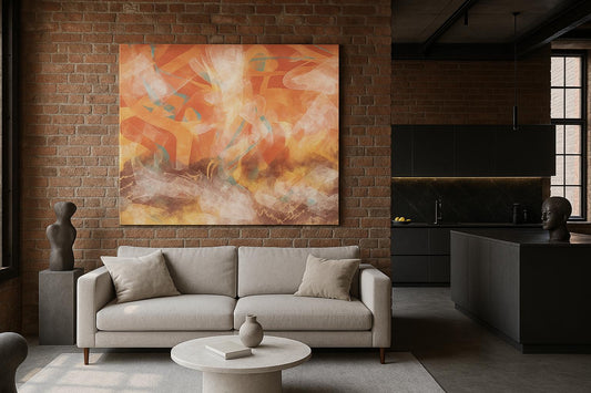 Naissance de la Lumière dans loft industriel, art abstrait lumineux sur briques

