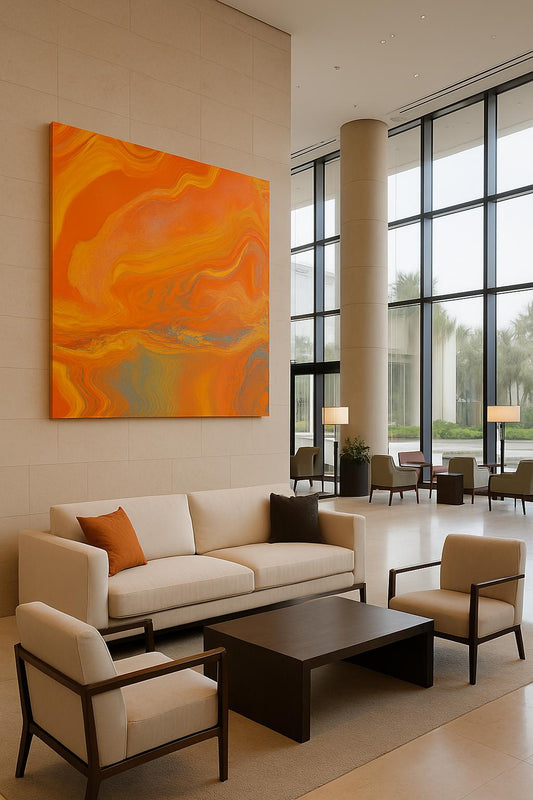 Toile abstraite Fire dans espace moderne, ambiance artistique orange

