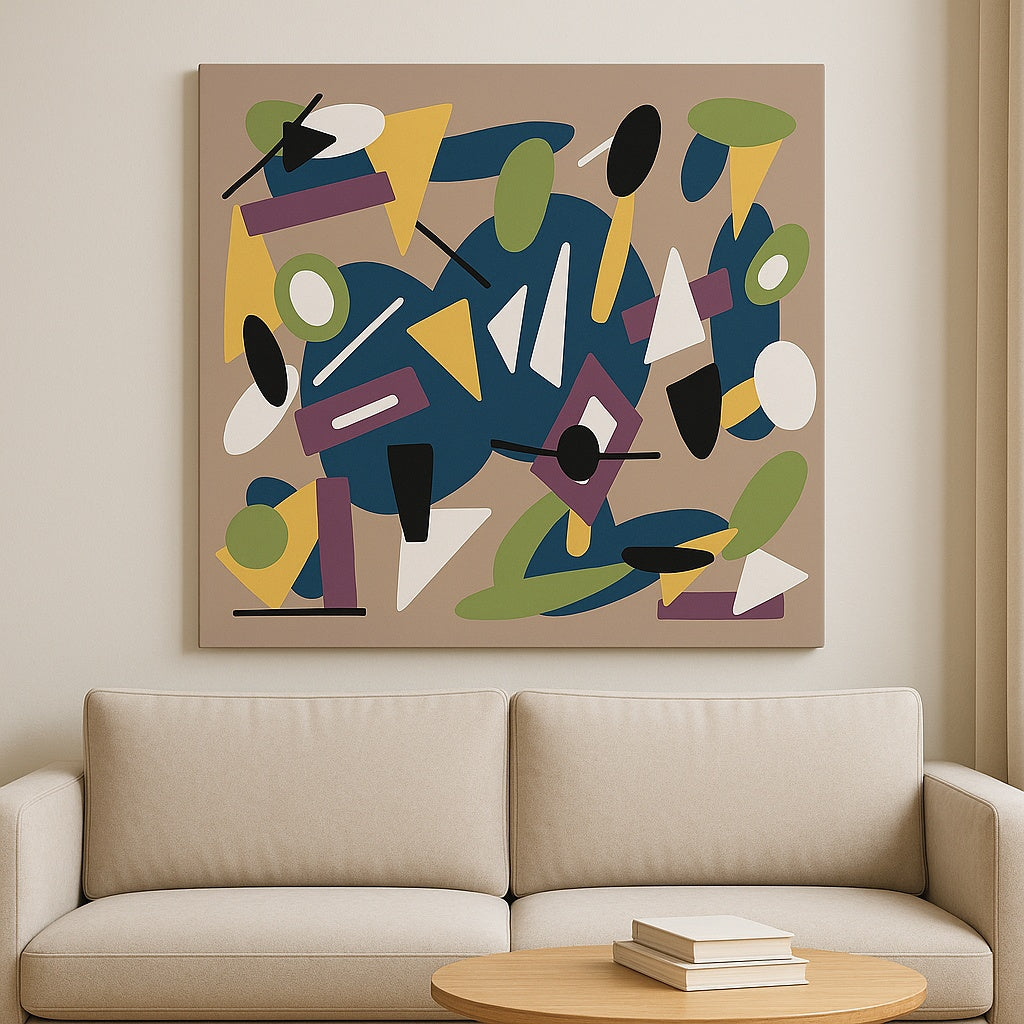 Art mural géométrique au-dessus canapé beige, décoration salon contemporain

