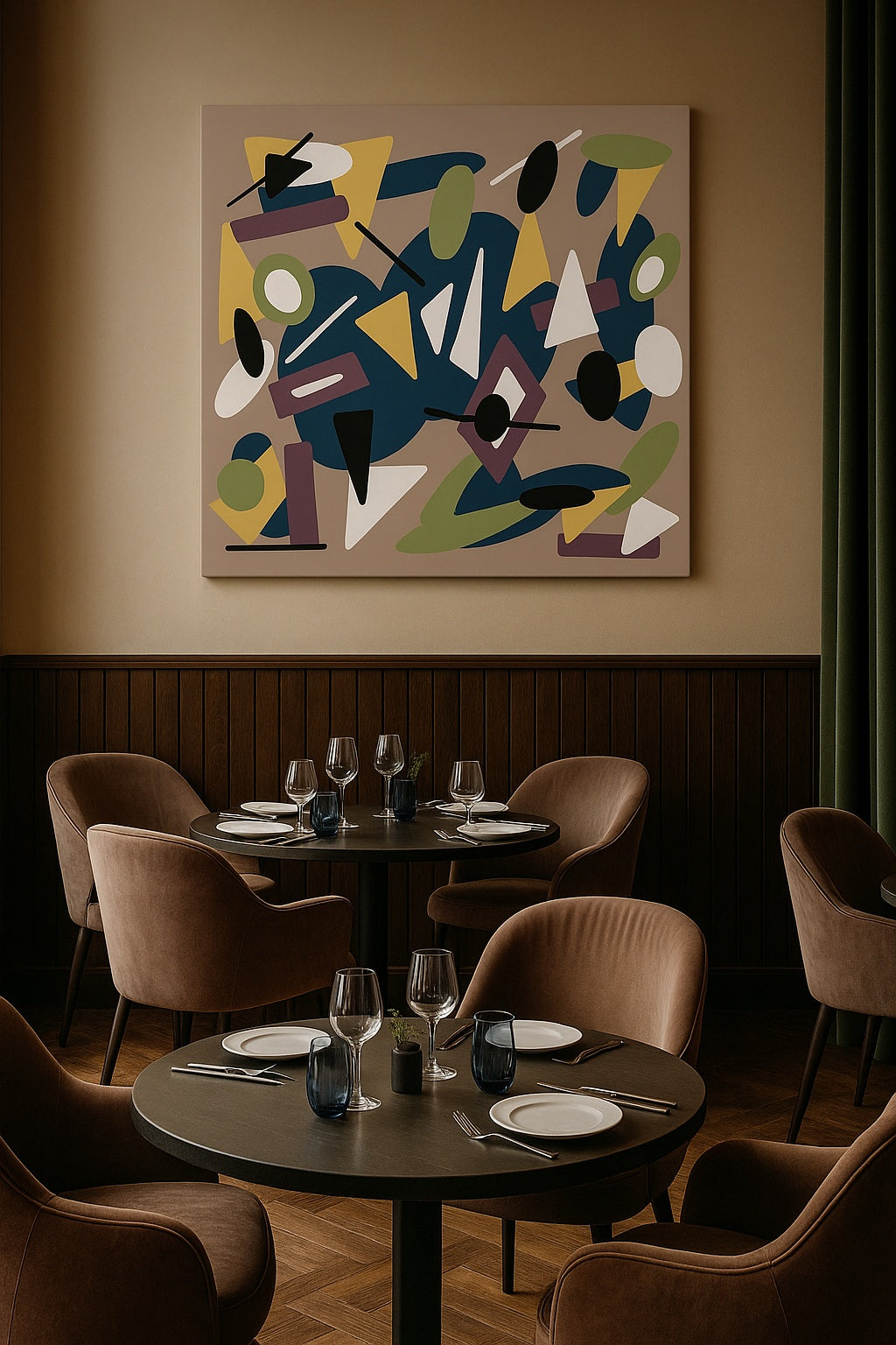 Art géométrique abstrait dans restaurant élégant, ambiance dining sophistiquée

