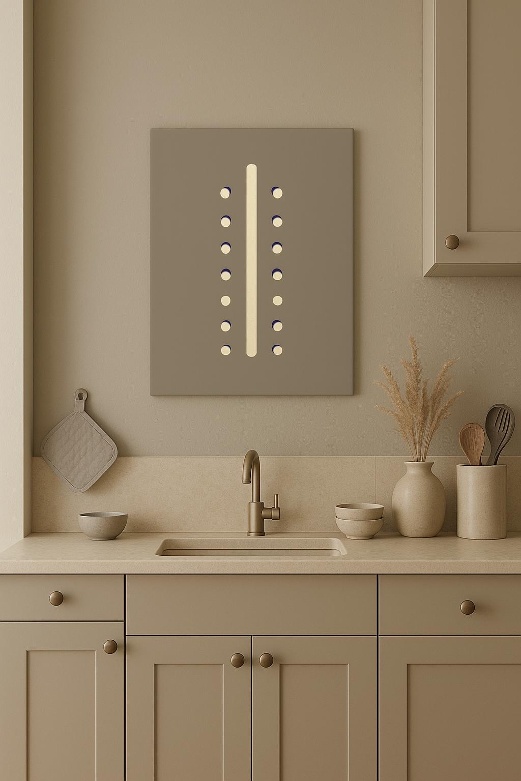 Toile abstraite 'Same and Other' mise en valeur dans une cuisine couleur taupe et lin minimaliste pour décoration murale moderne