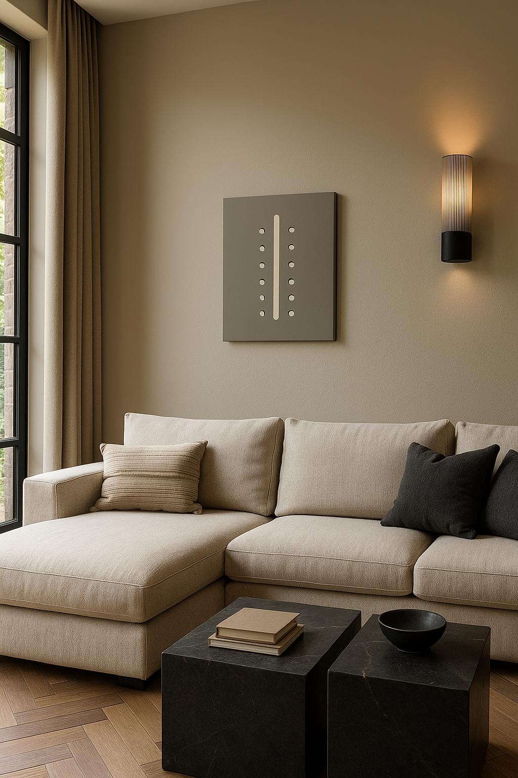Œuvre d'art abstraite 'Same and Other' dans un salon aux tons gris, beige, toile minimaliste contemporaine s'harmonisant avec la décoration moderne