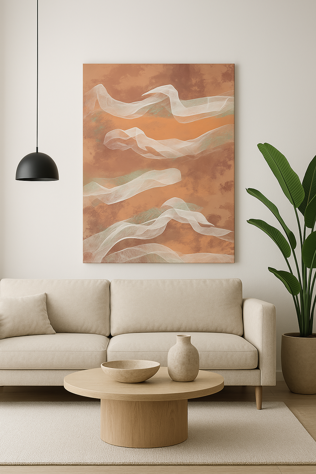 Art abstrait fluide au-dessus canapé beige, sable, décoration salon tons chauds

