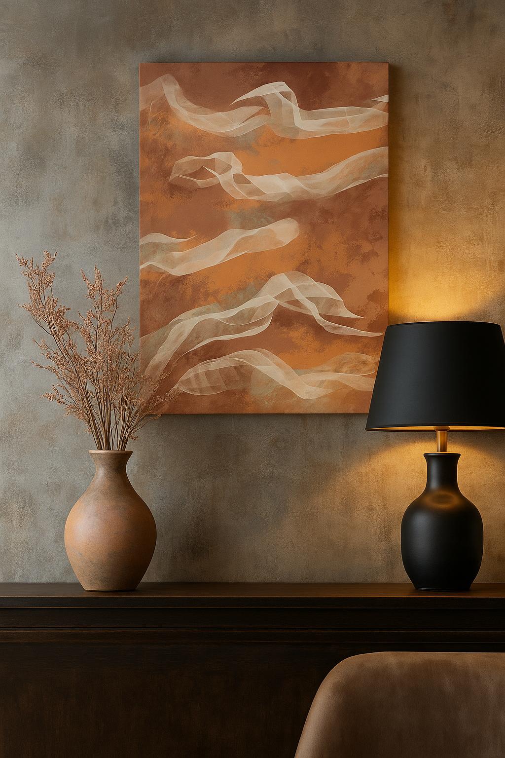 Art Volatilité dans intérieur contemporain, ambiance chaleureuse avec éclairage tamisé

