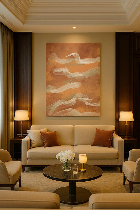 Art fluide abstrait dans salon luxueux, ambiance hôtel chic élégante

