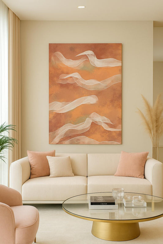 Toile Volatilité dans salon contemporain, harmonie tons terracotta et beige

