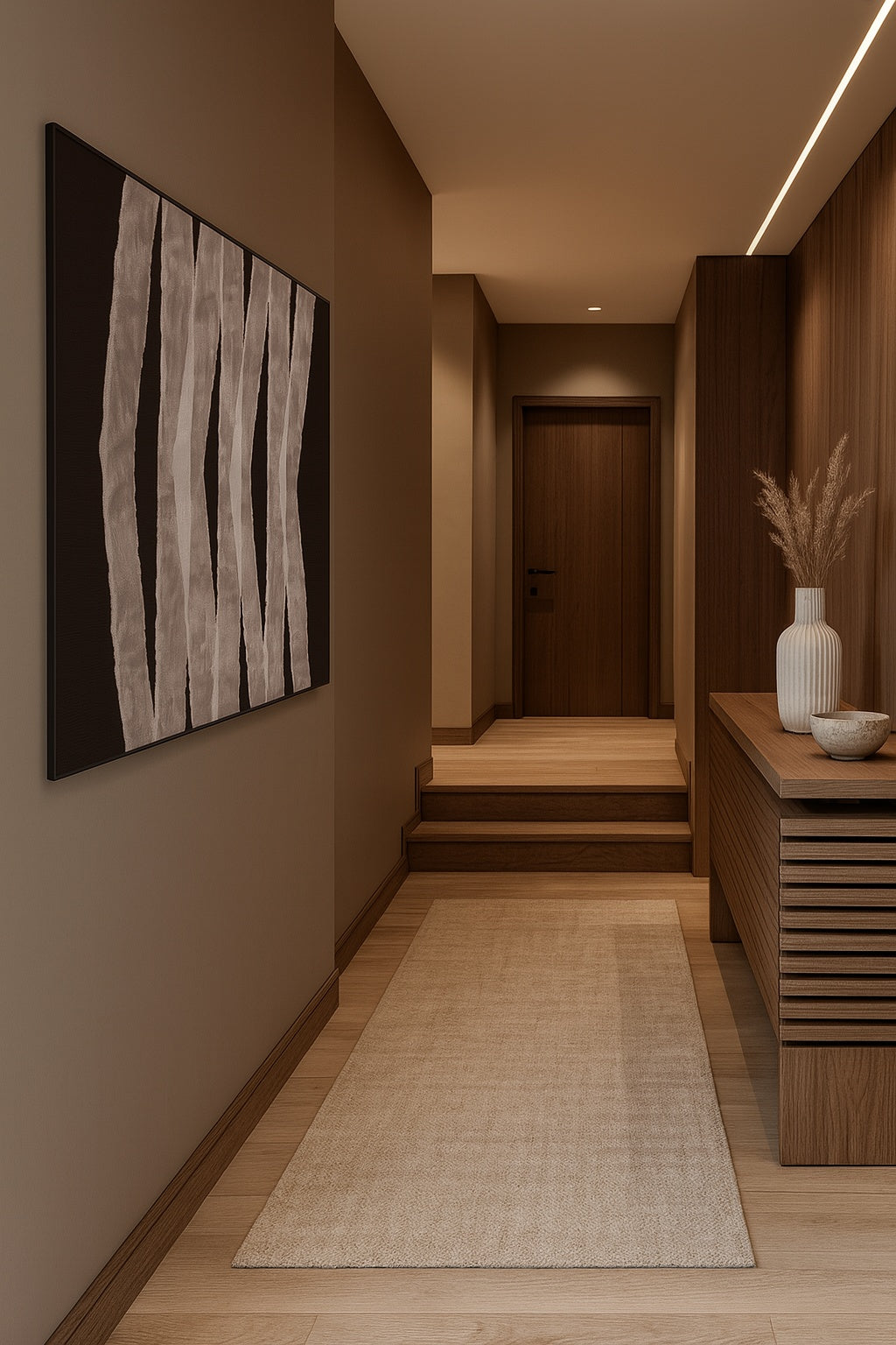 oile abstraite "Walking" accrochée dans un hall d’entrée moderne aux tons chocolat, taupe et lin, avec mobilier en bois clair et ambiance chaleureuse.

