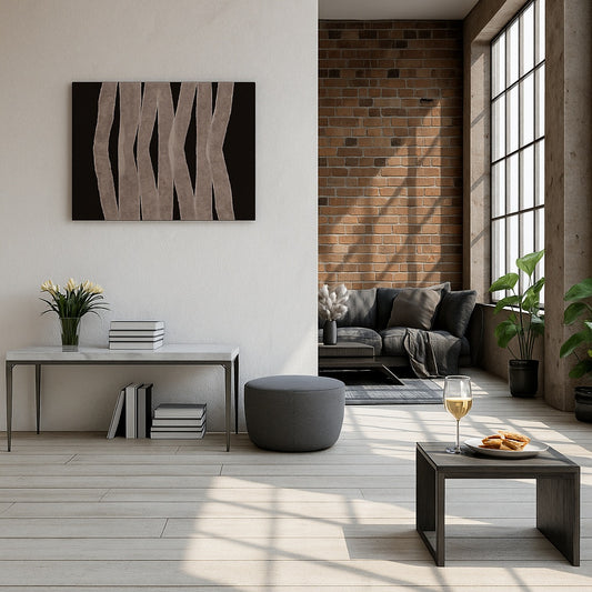Toile murale abstraite "Walking" dans un salon industriel lumineux, avec mur en briques, mobilier minimaliste et lumière naturelle traversant de grandes fenêtres.

