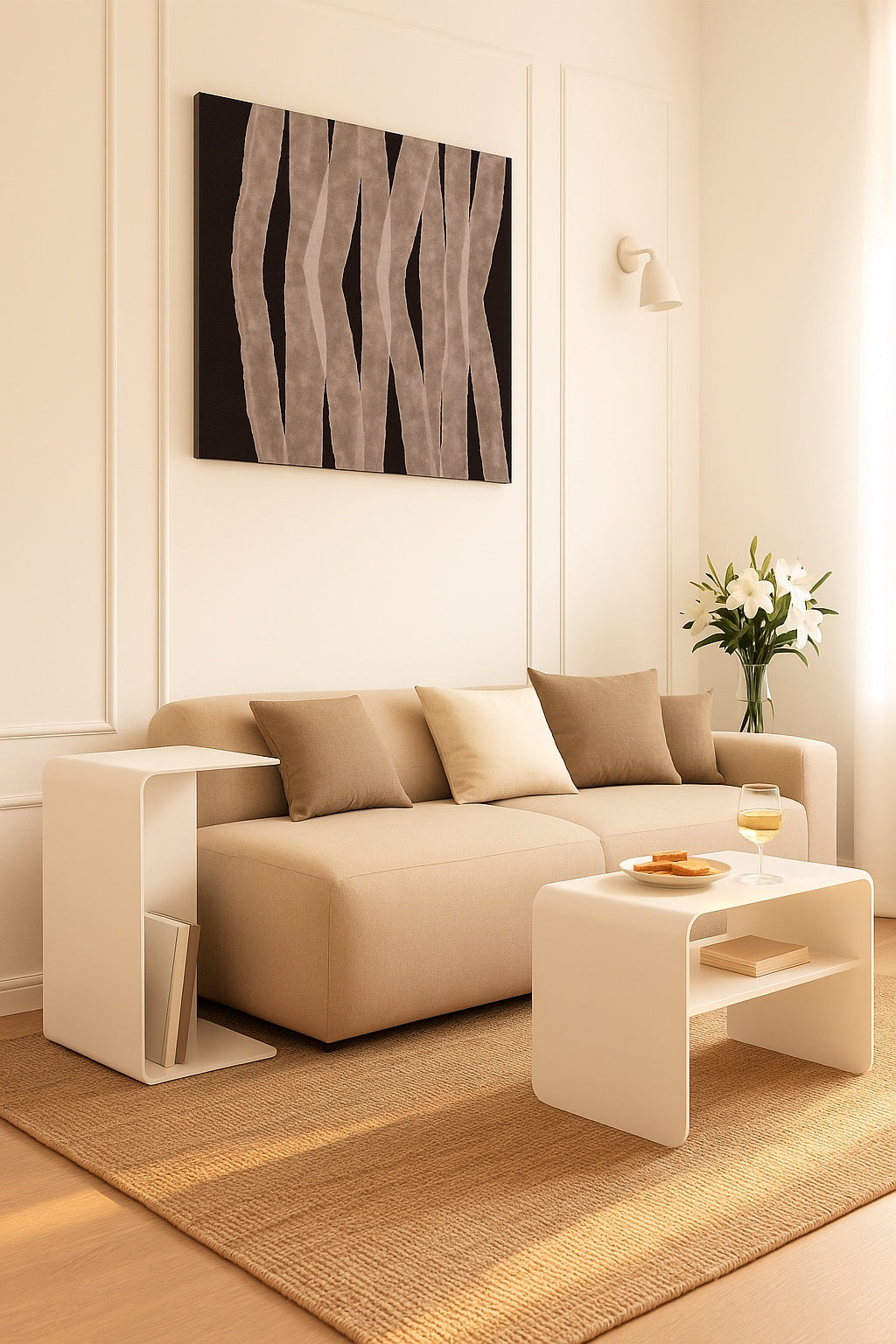 oile "Walking" dans un salon minimaliste aux tons naturels avec coussins assortis et bouquet de lys.

