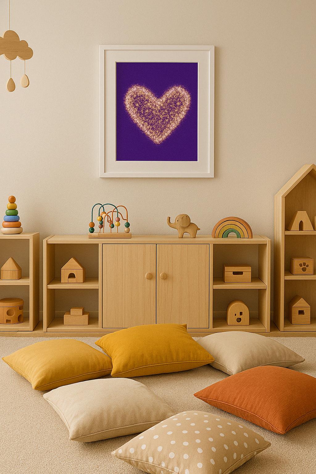 Tableau Cœur débordant dans salle jeux enfant, ambiance ludique colorée
