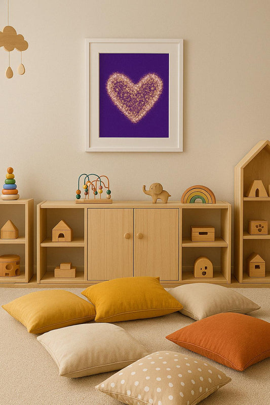 Tableau Cœur débordant dans salle jeux enfant, ambiance ludique colorée
