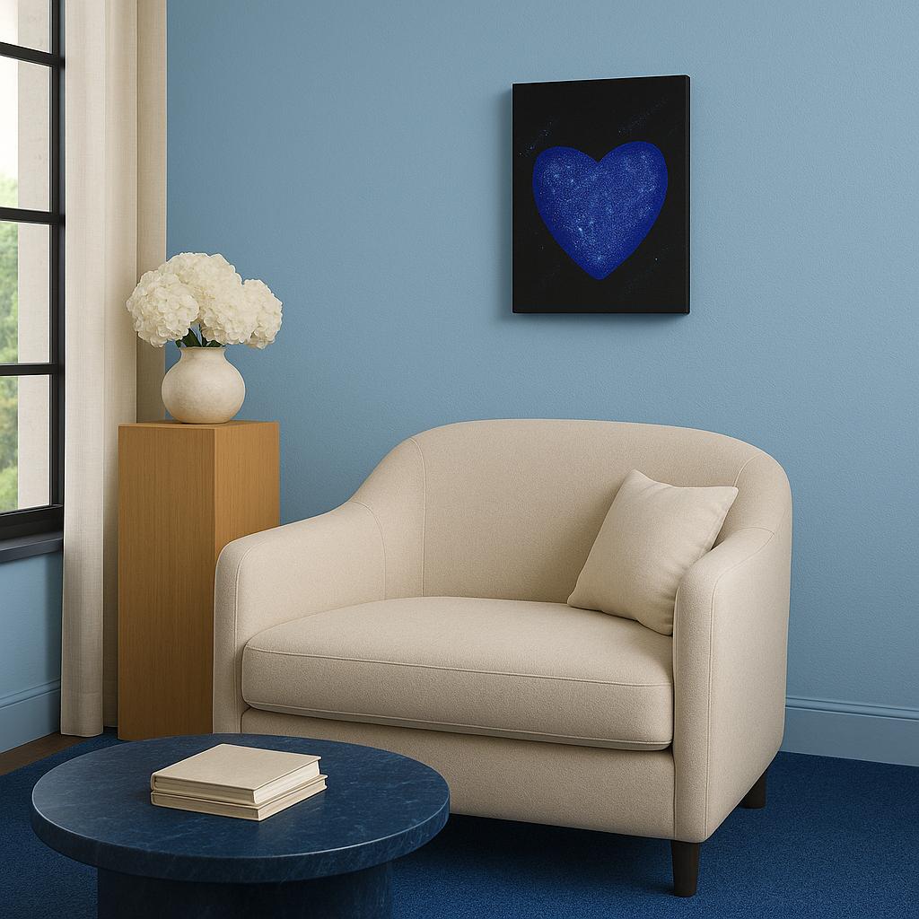 Petit Cœur Bleu – Toile Tendue Galaxie – Décoration Murale Unique et Poétique (20 x 25 cm)