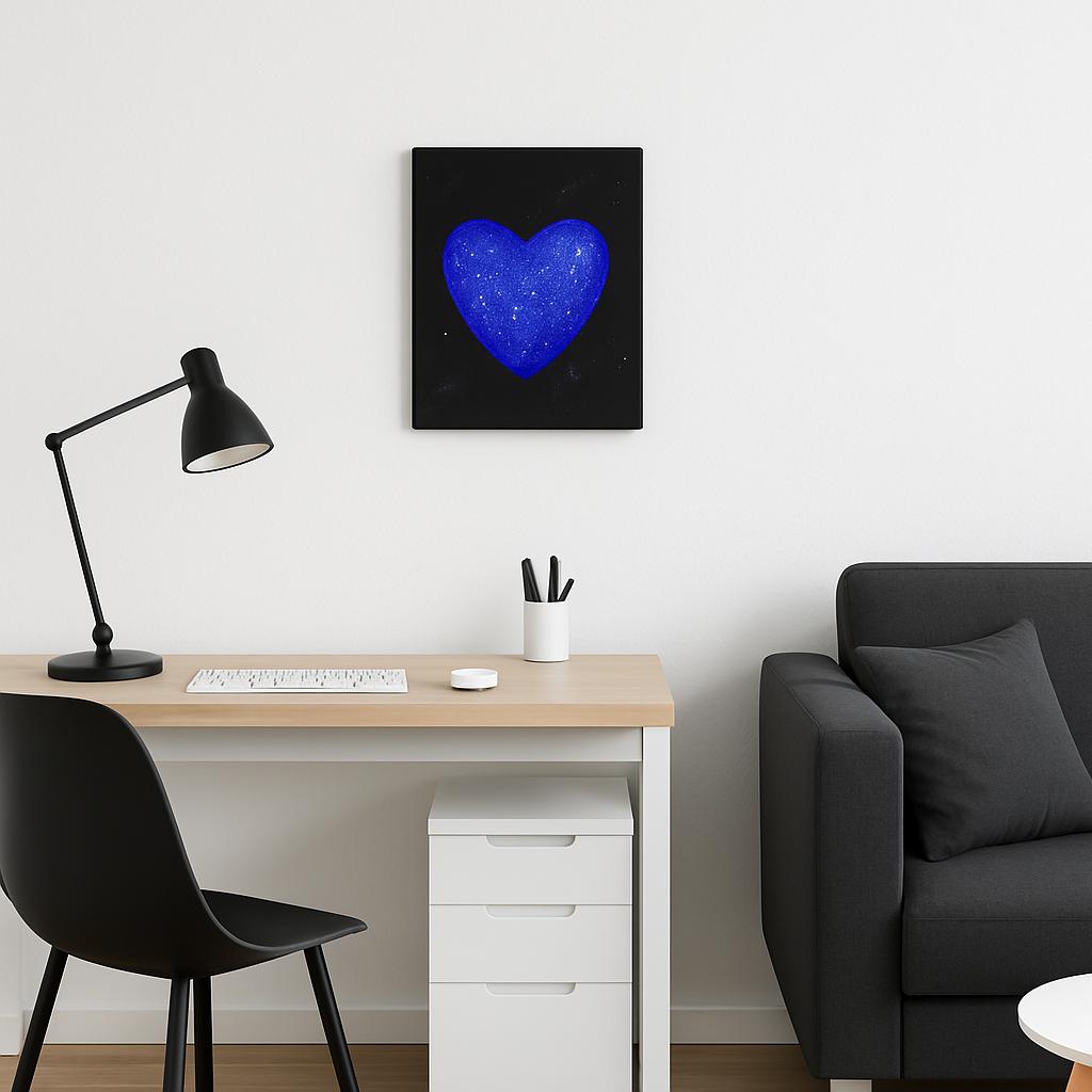 Petit Cœur Bleu – Toile Tendue Galaxie – Décoration Murale Unique et Poétique (20 x 25 cm)