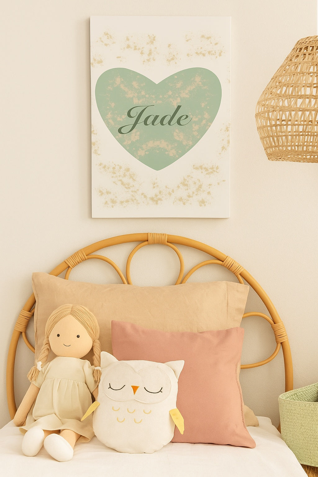 Toile murale personnalisable Cœur Vert Sauge – Déco naturelle & poétique