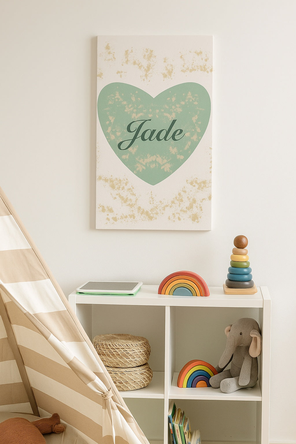 Toile murale personnalisable Cœur Vert Sauge – Déco naturelle & poétique